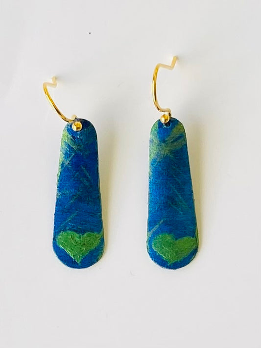 Blue and Green Teardrop Earrings with a Heart